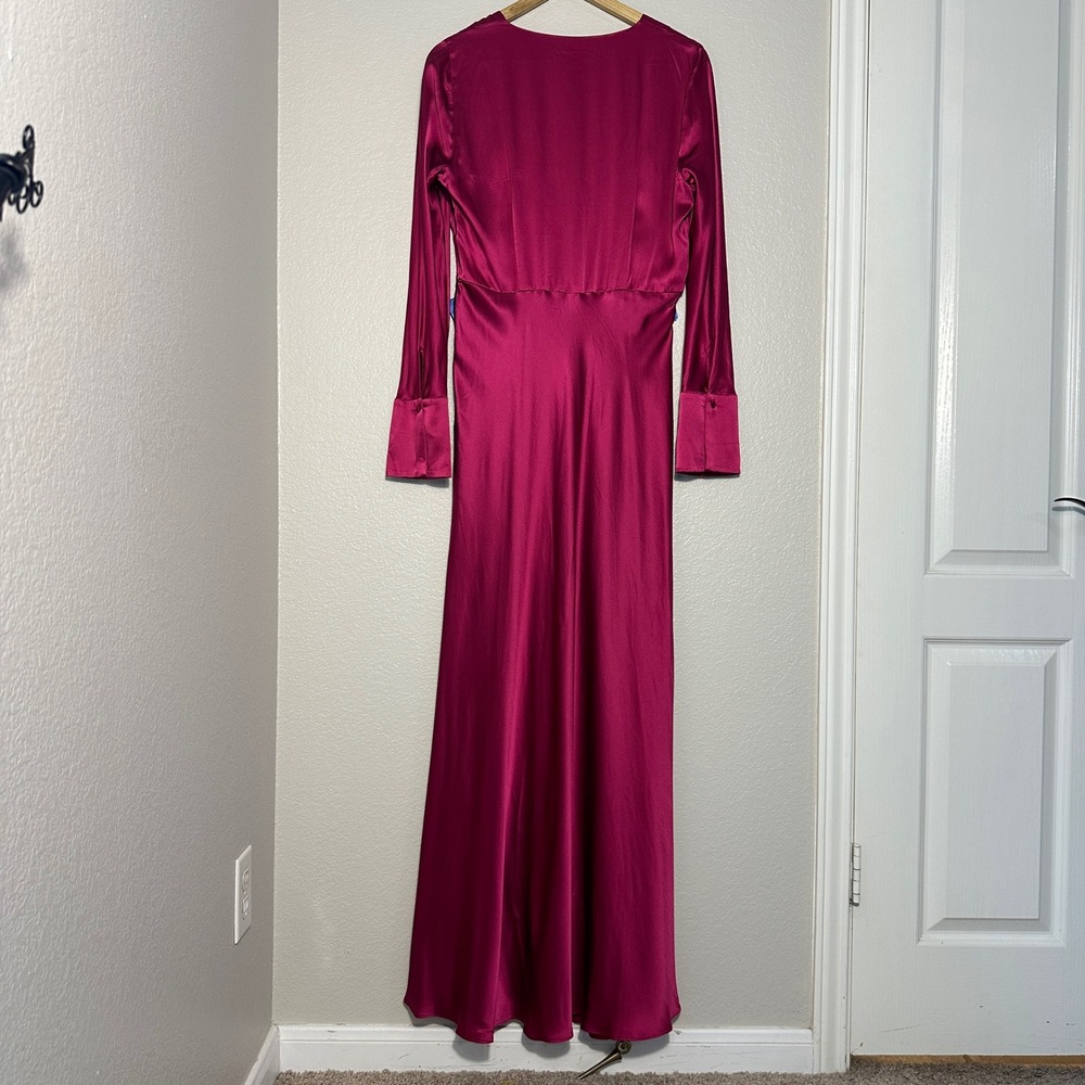 Banana Republic 100% Silk Maxi Dress Berry Pink Long Sleeve Wedding Guest NWT 12 - Picture 4 of 11